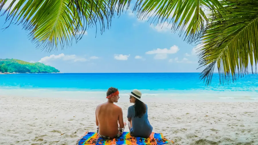 Una pareja descansa bajo un cocotero inclinado en una playa blanca