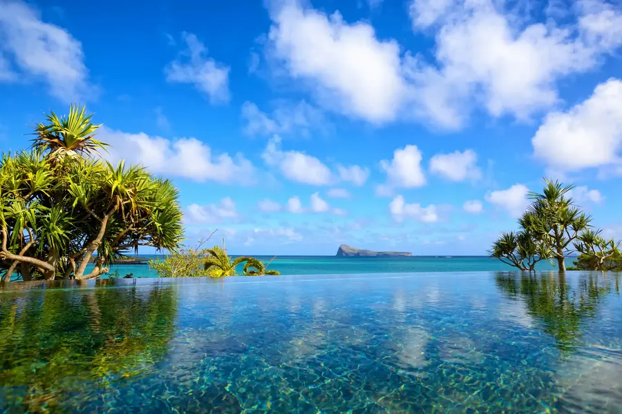 Una piscina de resort con palmeras y techos de palma en un jardín tropical