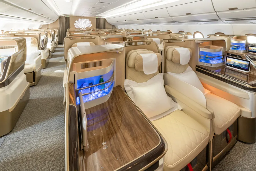 Asientos de Business Class en configuración 1-2-1 en el Airbus A350 de Emirates